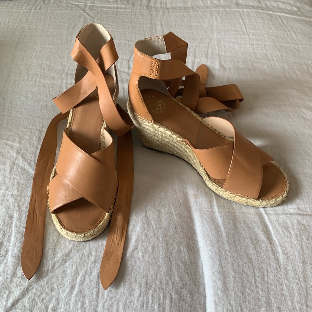 Vince Camuto Tan Leather Ankle Wrap Wedges